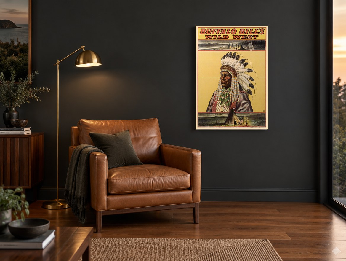 Chief of the Wild West vintage canvas print on the wall of a charcoal living room