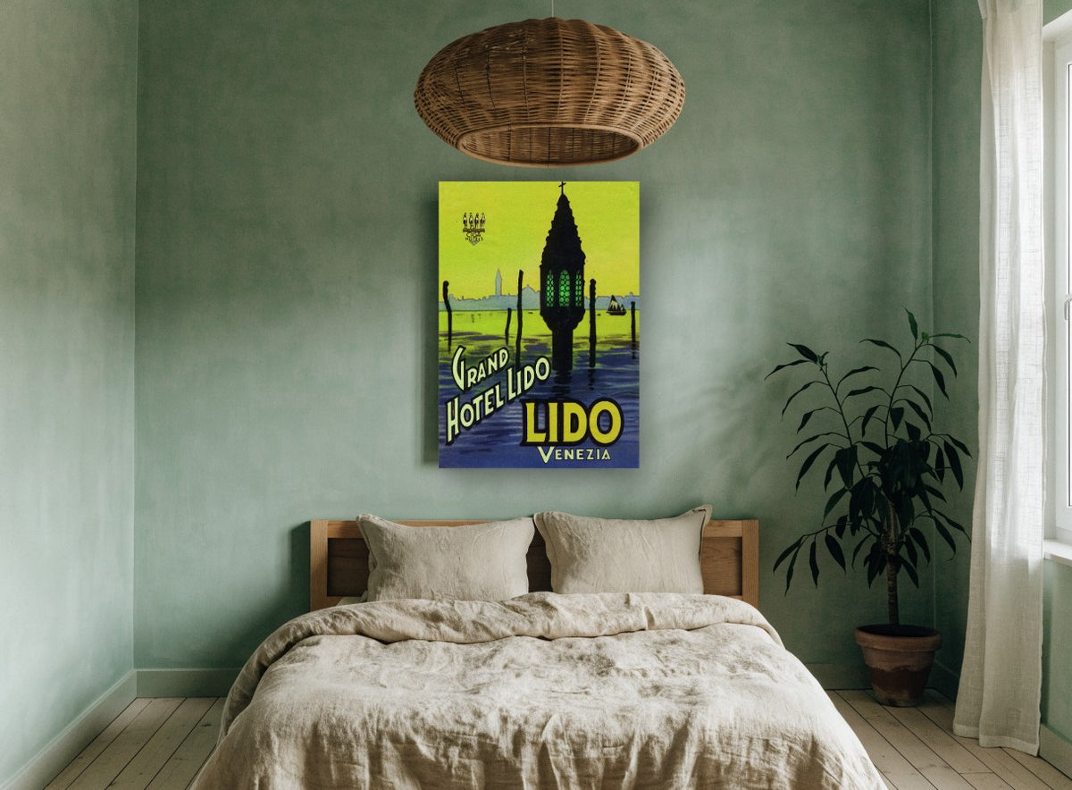Lido Lantern at Dusk vintage canvas print on the wall of a bedroom