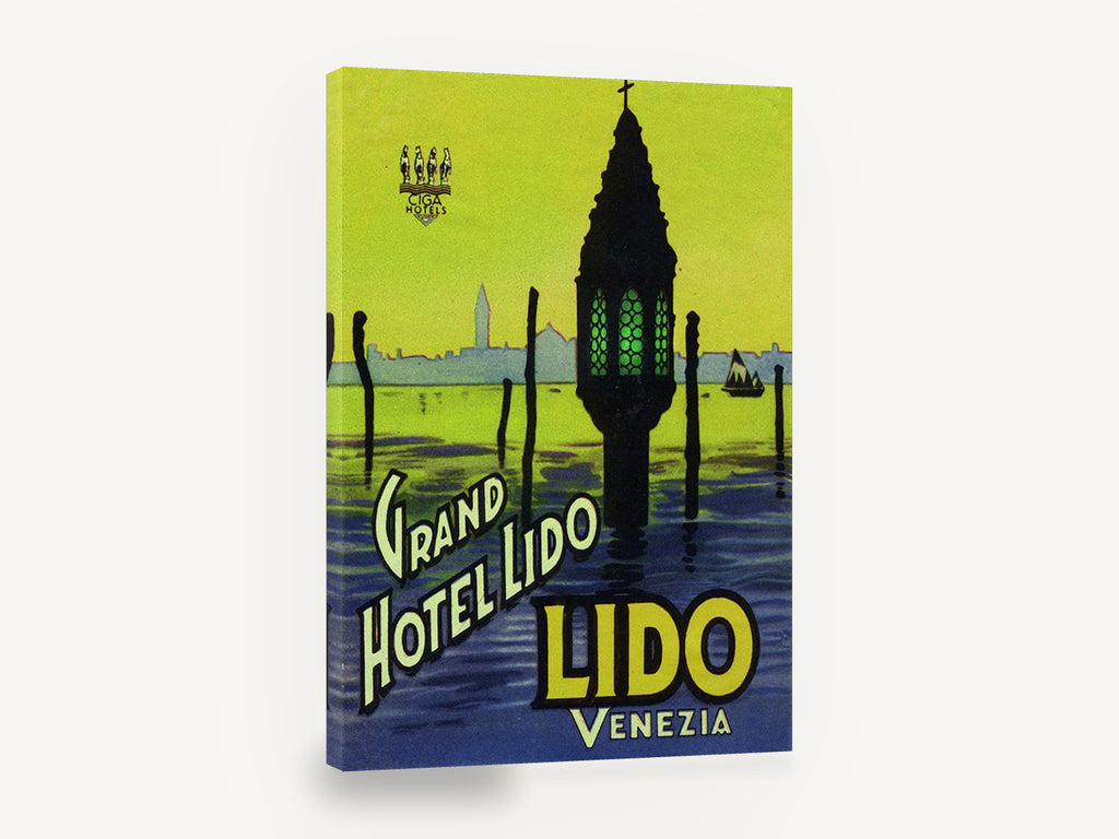 Lido Lantern at Dusk, vintage grand hotel lido venice poster, stretched canvas wall art print ready to hang