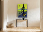 Lido Lantern at Dusk vintage canvas print on the wall of a hallway