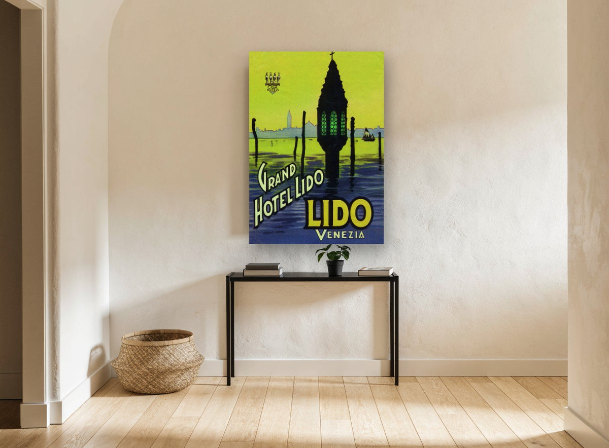 Lido Lantern at Dusk vintage canvas print on the wall of a hallway