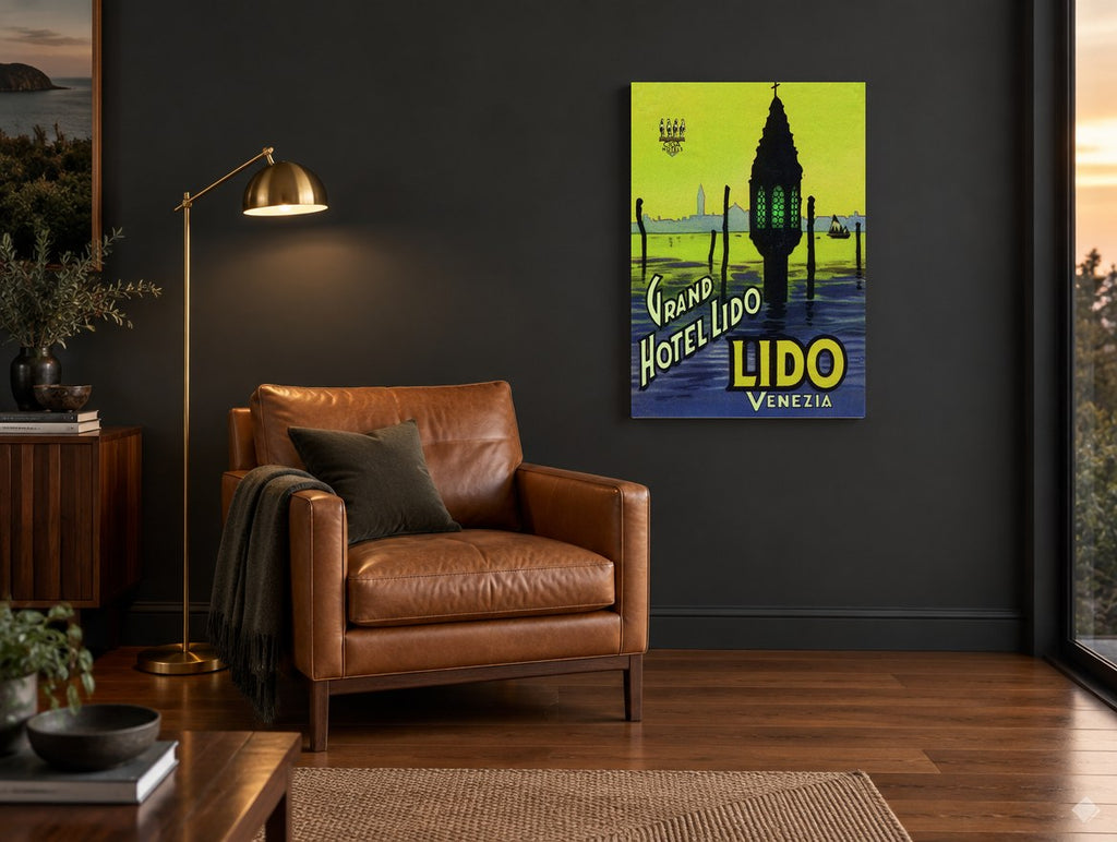 Lido Lantern at Dusk vintage canvas print on the wall of a charcoal living room