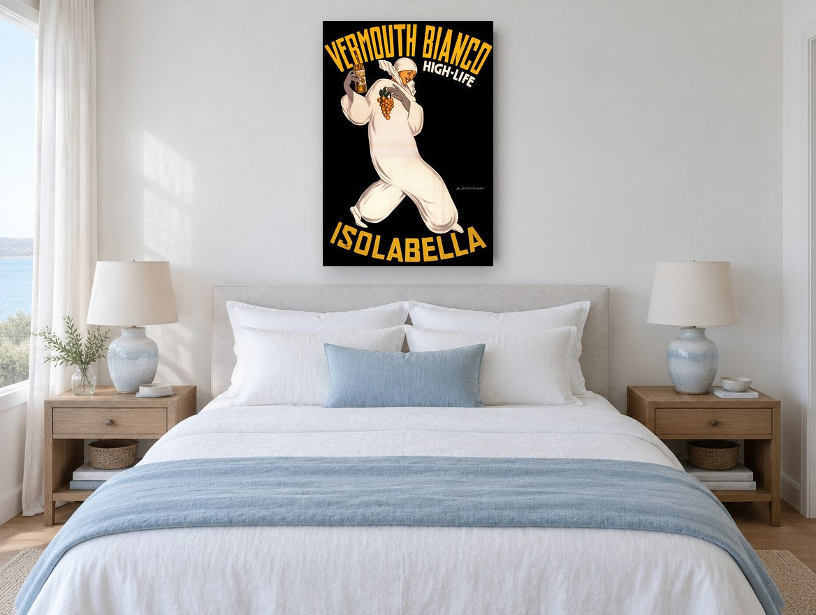 Pierrot With Grapes vintage canvas print on the wall of a coastal bedroom