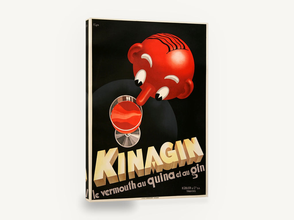 Kinagin Red Head, vintage kinagin vermouth advertising poster, stretched canvas wall art print ready to hang