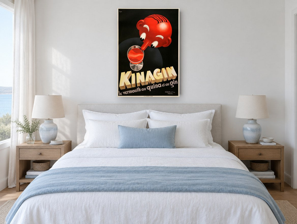 Kinagin Red Head vintage canvas print on the wall of a coastal bedroom