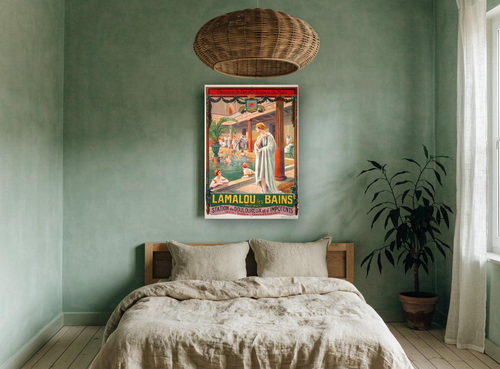 Bathing Hall at Lamalou vintage canvas print on the wall of a bedroom