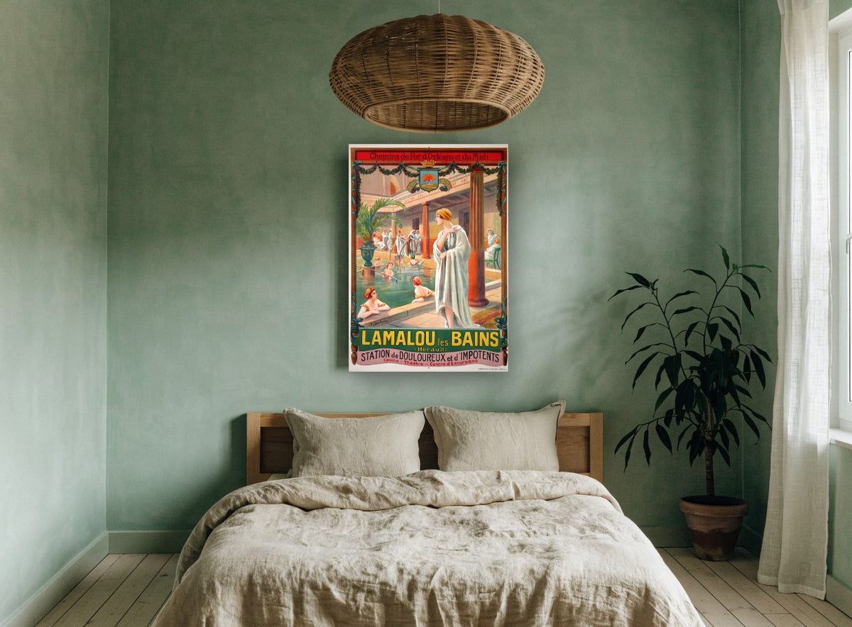 Bathing Hall at Lamalou vintage canvas print on the wall of a bedroom