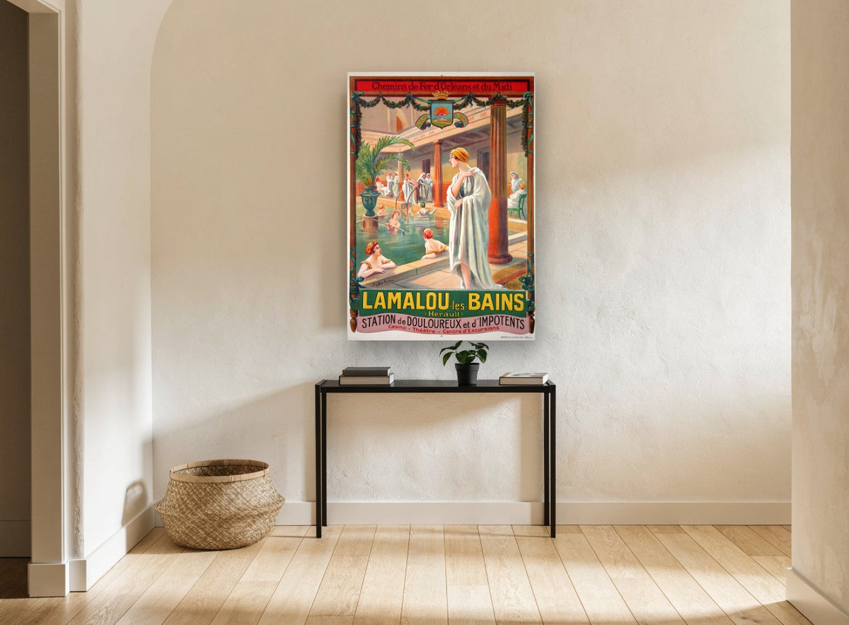 Bathing Hall at Lamalou vintage canvas print on the wall of a hallway