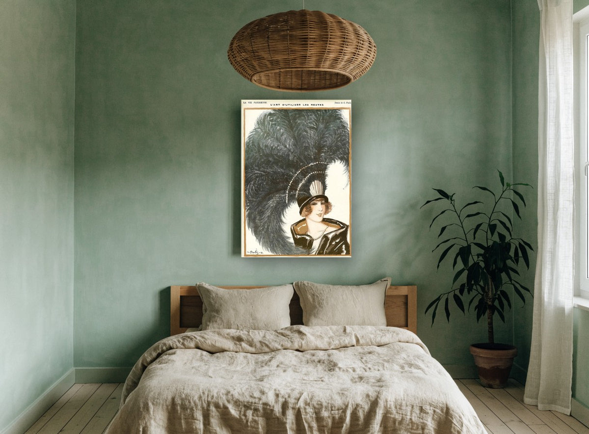 Plumed Hat Parisienne vintage canvas print on the wall of a bedroom