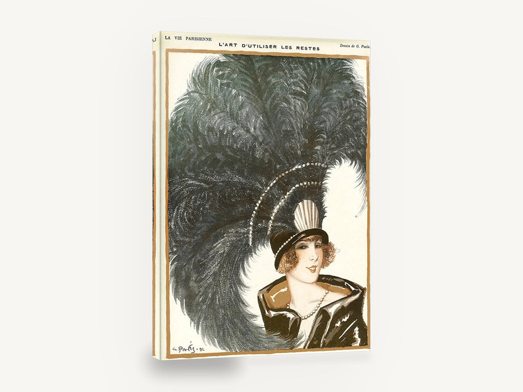 Plumed Hat Parisienne, vintage french fashion illustration, stretched canvas wall art print ready to hang