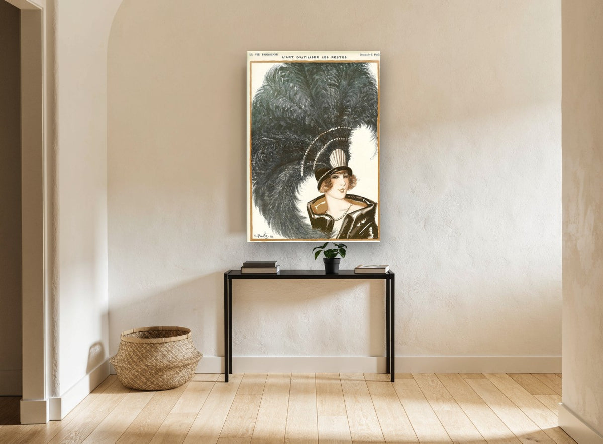 Plumed Hat Parisienne vintage canvas print on the wall of a hallway
