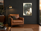 Plumed Hat Parisienne vintage canvas print on the wall of a charcoal living room