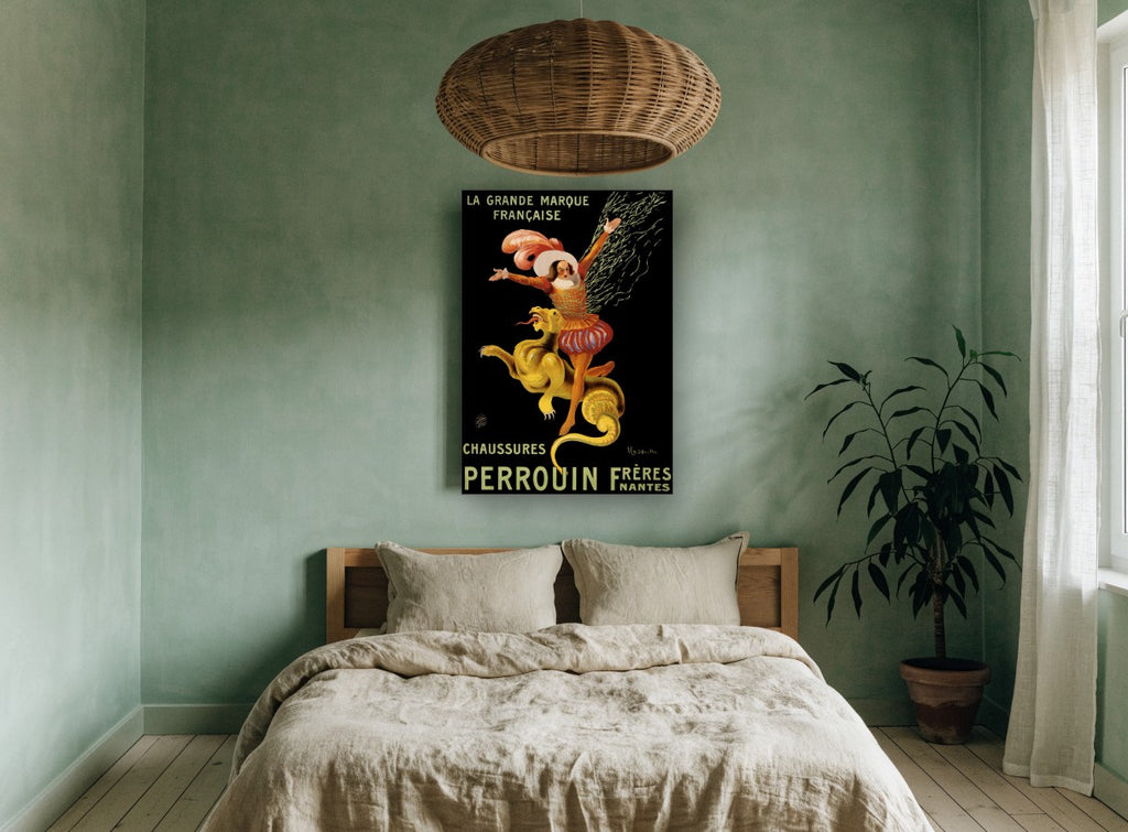 Dragon Rider Shoe Advertisement vintage canvas print on the wall of a bedroom