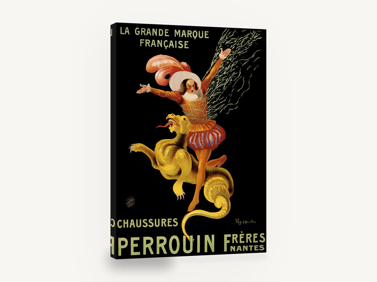 Dragon Rider Shoe Advertisement, vintage french shoe advertising poster, stretched canvas wall art print ready to hang