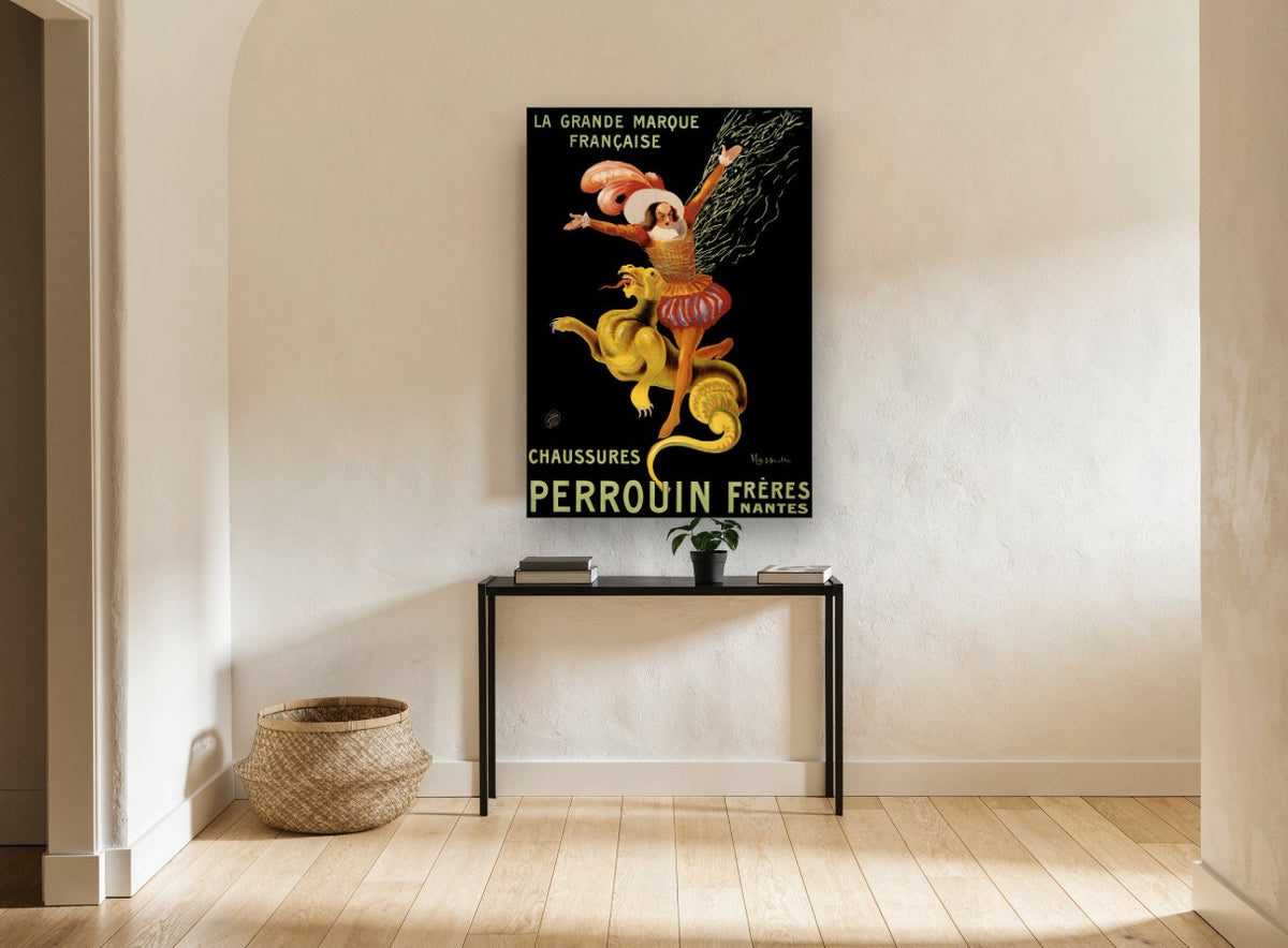 Dragon Rider Shoe Advertisement vintage canvas print on the wall of a hallway