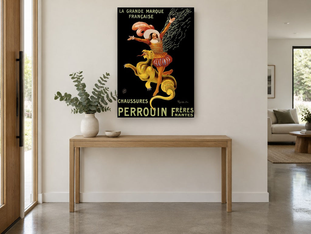 Dragon Rider Shoe Advertisement vintage canvas print on the wall of a entry hall