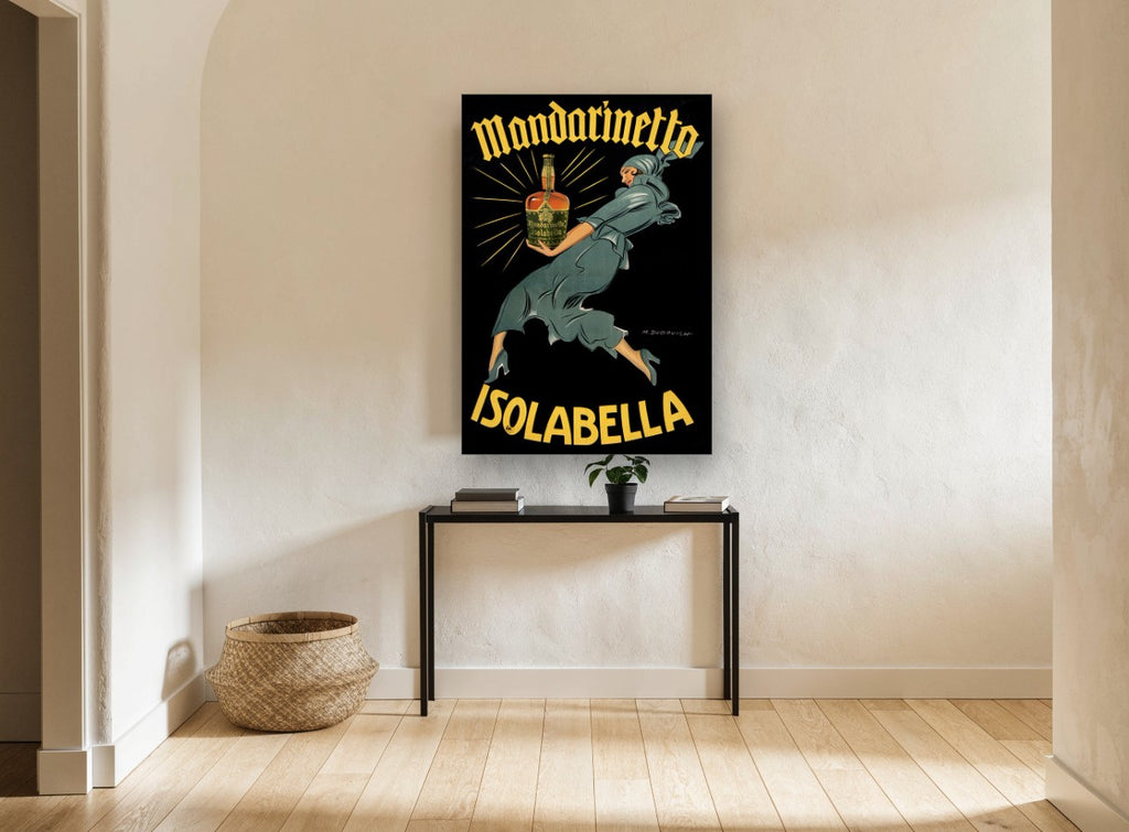 Leaping Mandarinetto Woman vintage canvas print on the wall of a hallway
