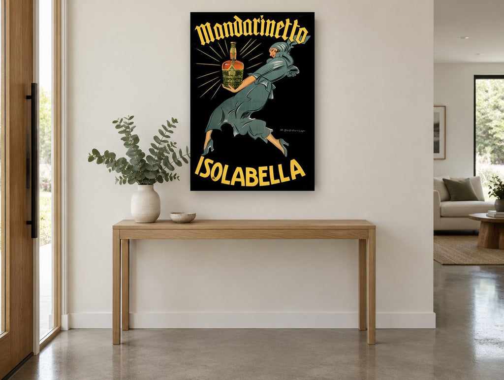 Leaping Mandarinetto Woman vintage canvas print on the wall of a entry hall