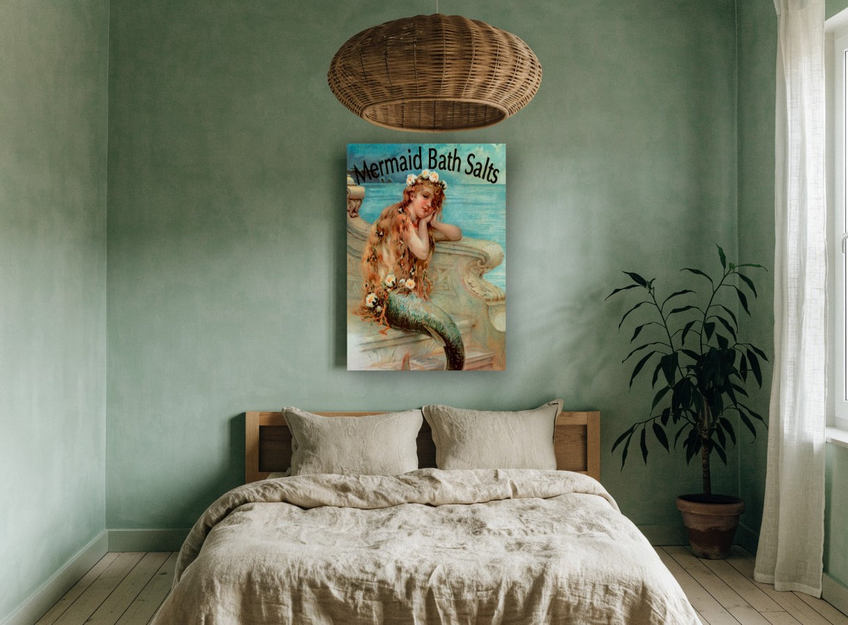 Mermaid at the Balustrade vintage canvas print on the wall of a bedroom