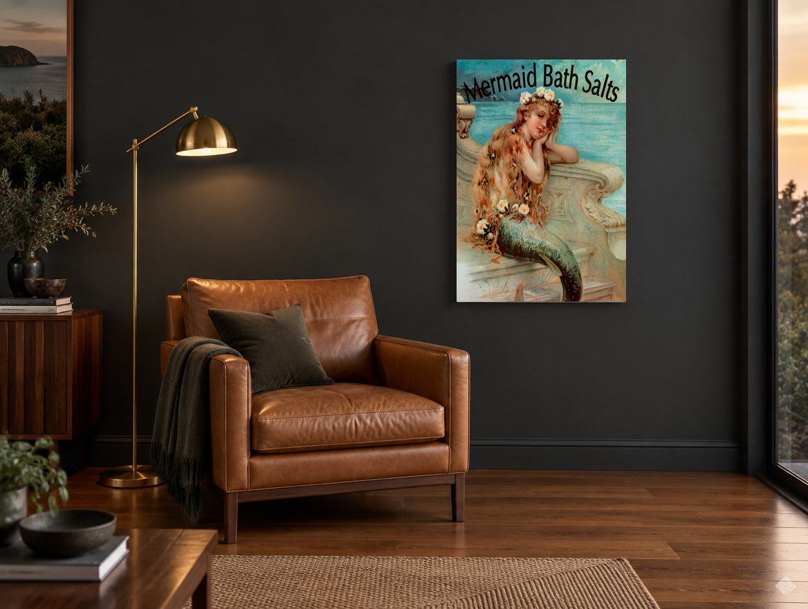 Mermaid at the Balustrade vintage canvas print on the wall of a charcoal living room