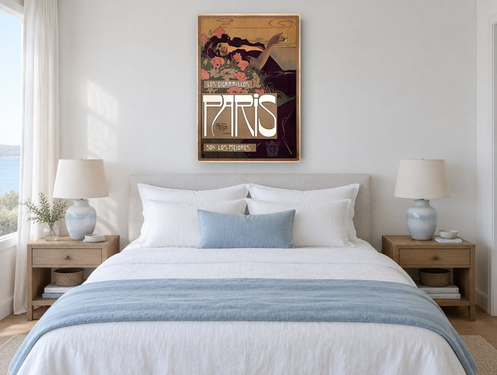 Poppies and Cigarette Smoke vintage canvas print on the wall of a coastal bedroom