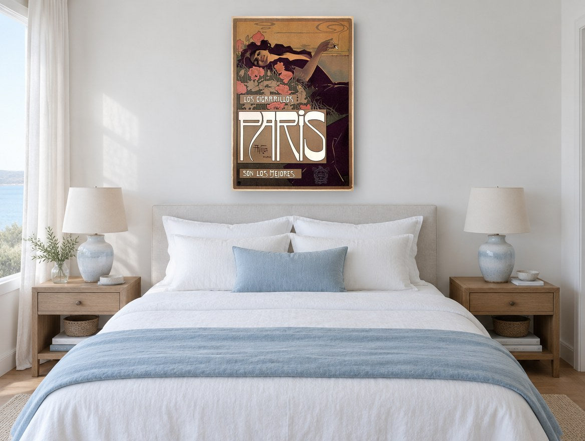 Poppies and Cigarette Smoke vintage canvas print on the wall of a coastal bedroom