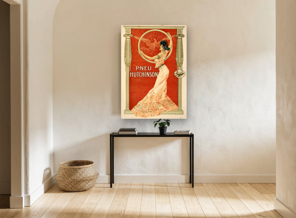 Lady of the Eagle Hoop vintage canvas print on the wall of a hallway