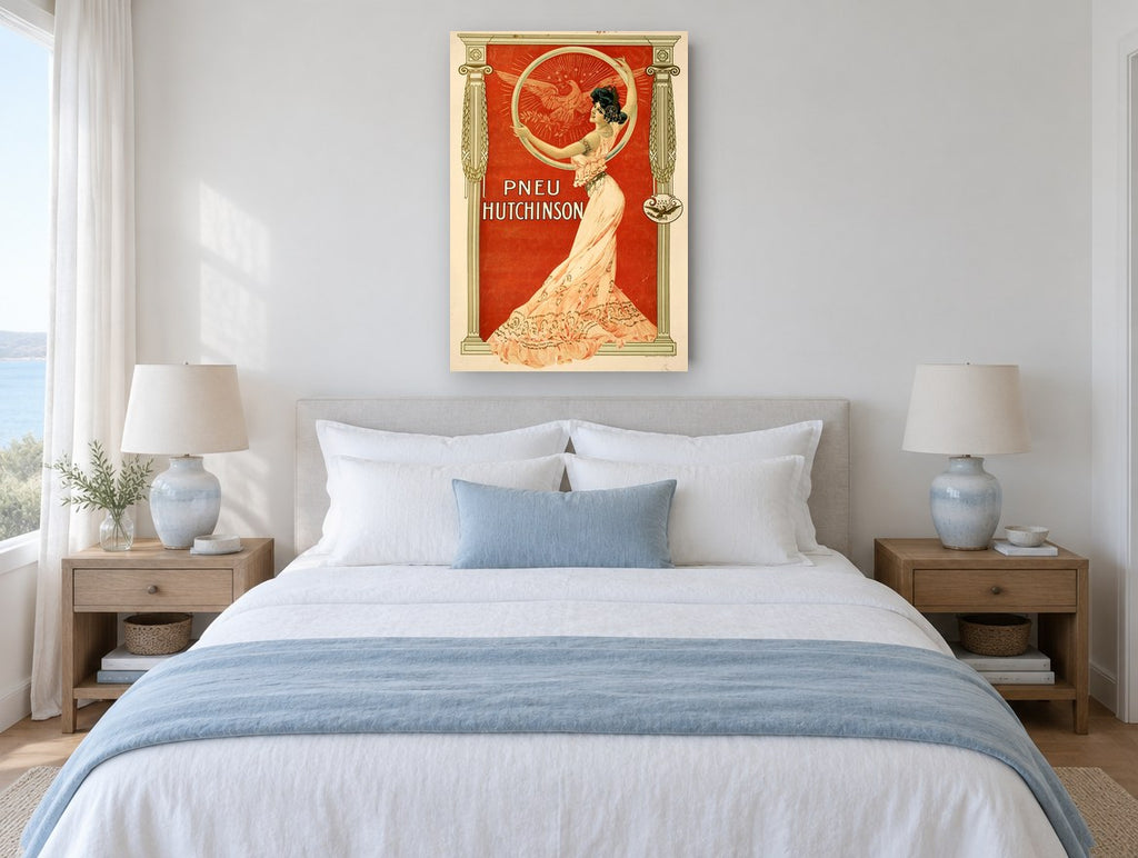 Lady of the Eagle Hoop vintage canvas print on the wall of a coastal bedroom