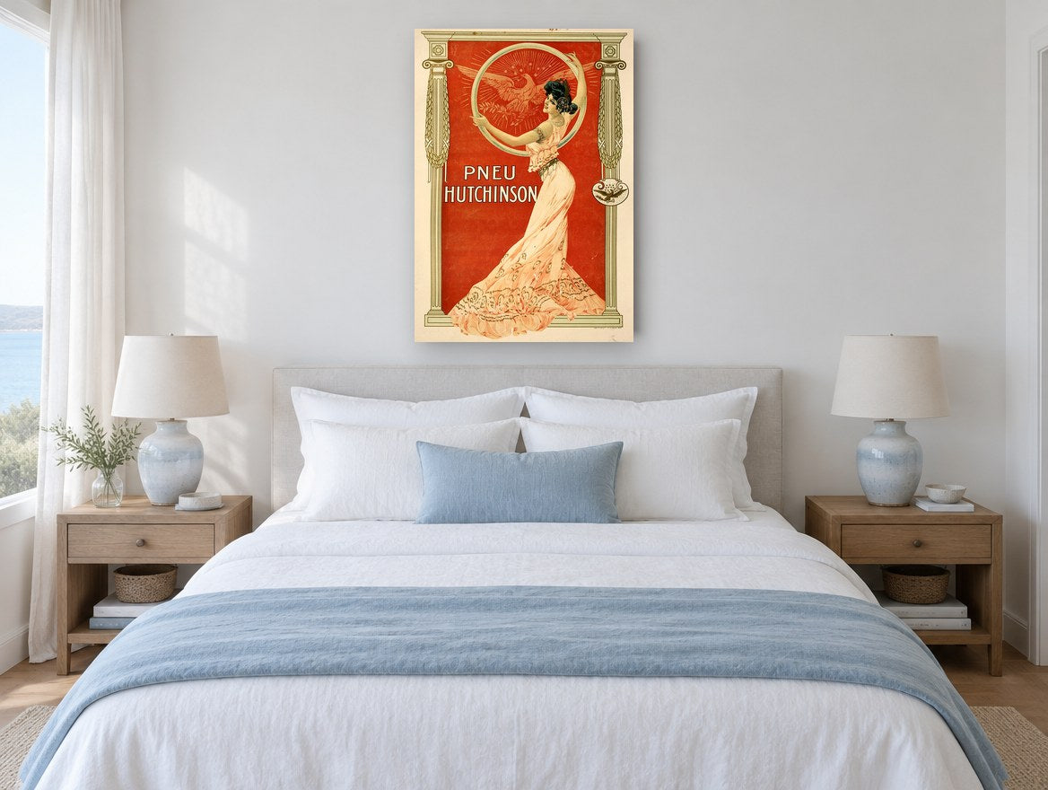 Lady of the Eagle Hoop vintage canvas print on the wall of a coastal bedroom
