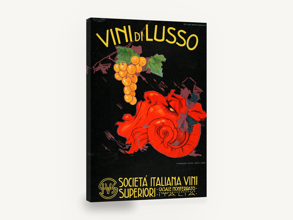 Vini di Lusso Grapes, vintage italian wine advertising poster, stretched canvas wall art print ready to hang