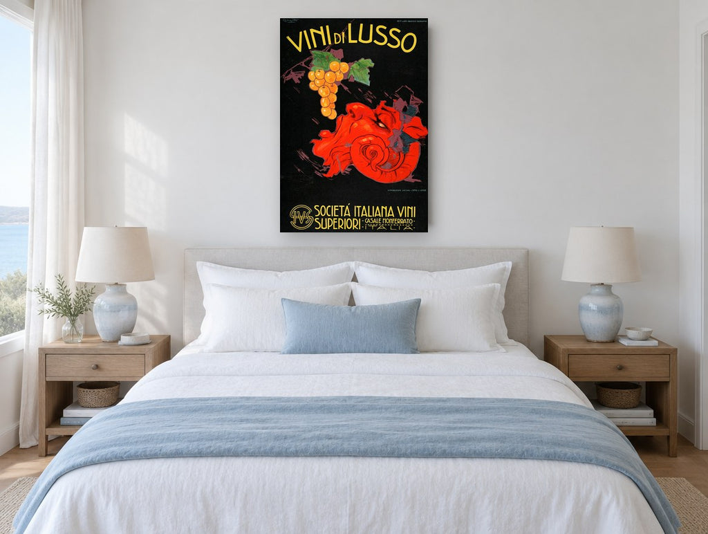 Vini di Lusso Grapes vintage canvas print on the wall of a coastal bedroom