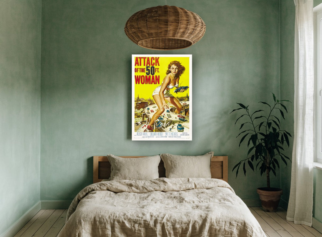 Giant Woman Highway Attack vintage canvas print on the wall of a bedroom