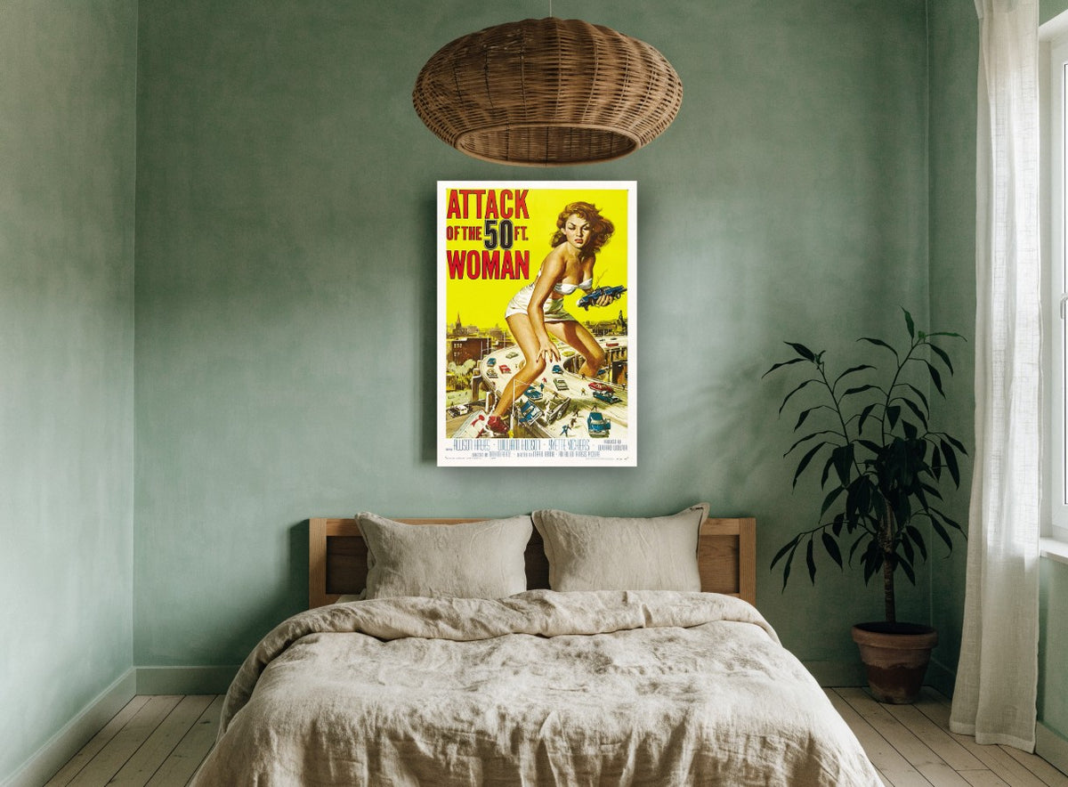 Giant Woman Highway Attack vintage canvas print on the wall of a bedroom