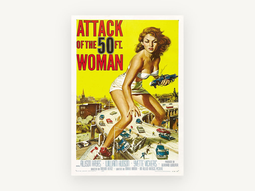 Giant Woman Highway Attack, vintage canvas wall art print, front view