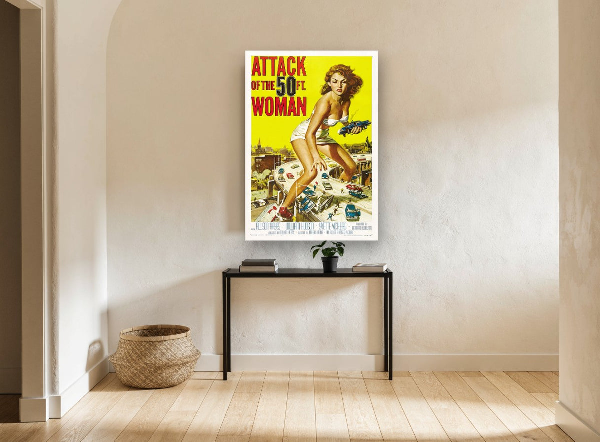 Giant Woman Highway Attack vintage canvas print on the wall of a hallway