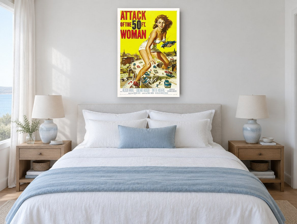 Giant Woman Highway Attack vintage canvas print on the wall of a coastal bedroom