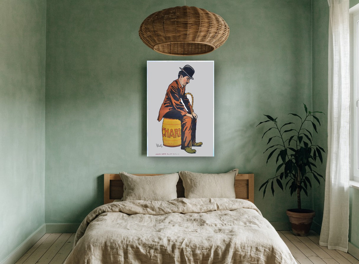 Charlie on the Barrel vintage canvas print on the wall of a bedroom