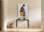 Charlie on the Barrel vintage canvas print on the wall of a hallway