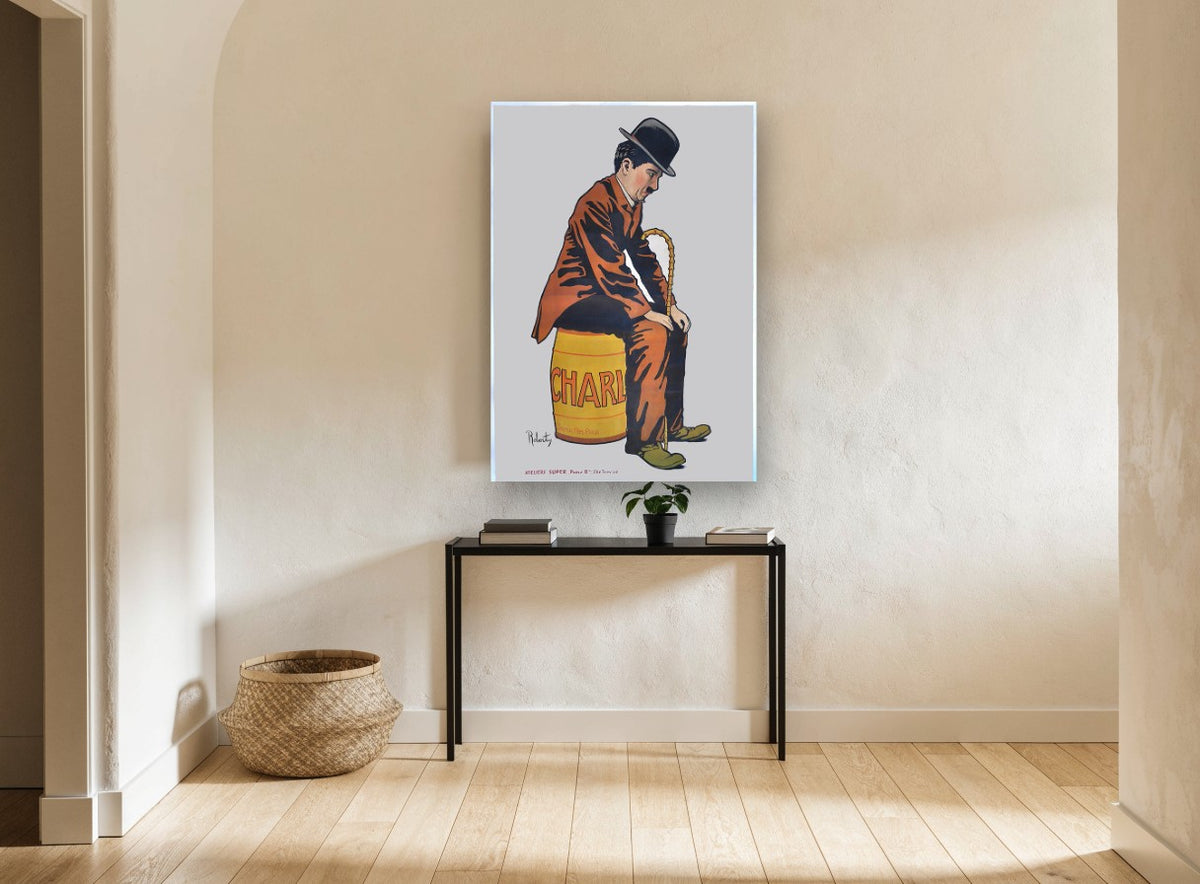 Charlie on the Barrel vintage canvas print on the wall of a hallway