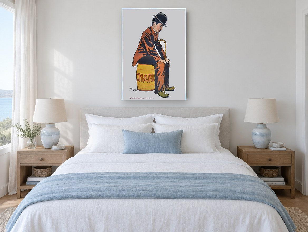 Charlie on the Barrel vintage canvas print on the wall of a coastal bedroom