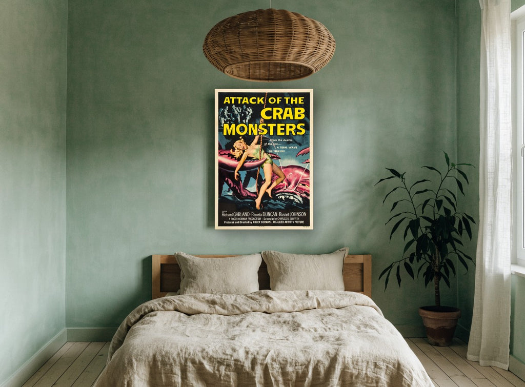 Crab Monsters Attack vintage canvas print on the wall of a bedroom