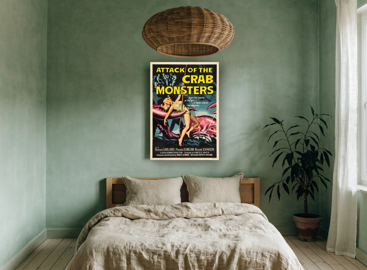Crab Monsters Attack vintage canvas print on the wall of a bedroom