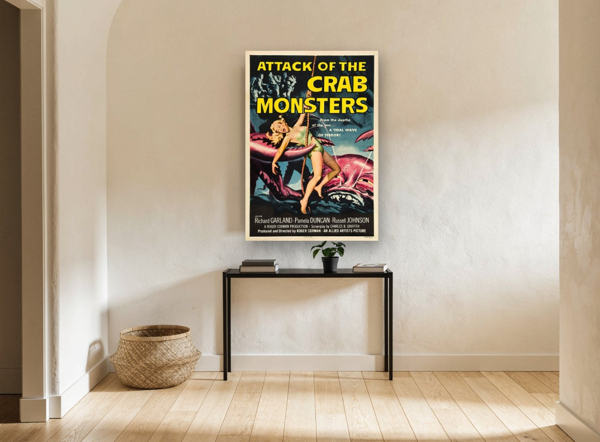 Crab Monsters Attack vintage canvas print on the wall of a hallway