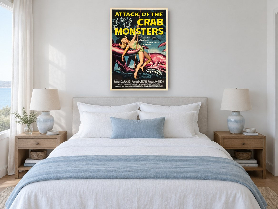 Crab Monsters Attack vintage canvas print on the wall of a coastal bedroom