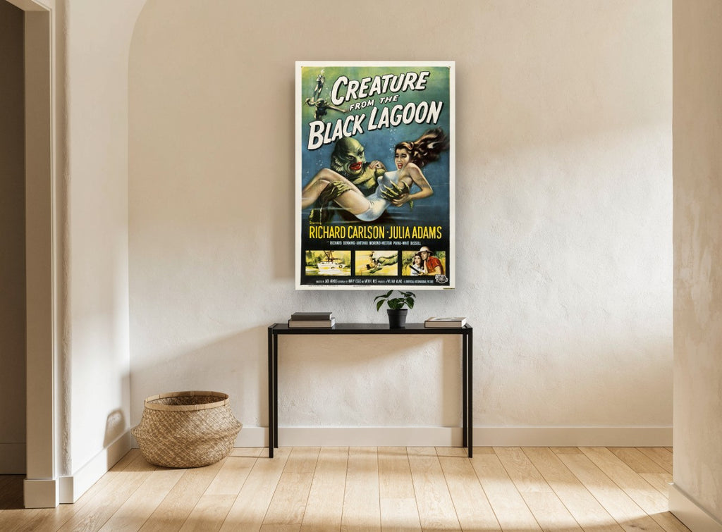 Creature from the Lagoon vintage canvas print on the wall of a hallway