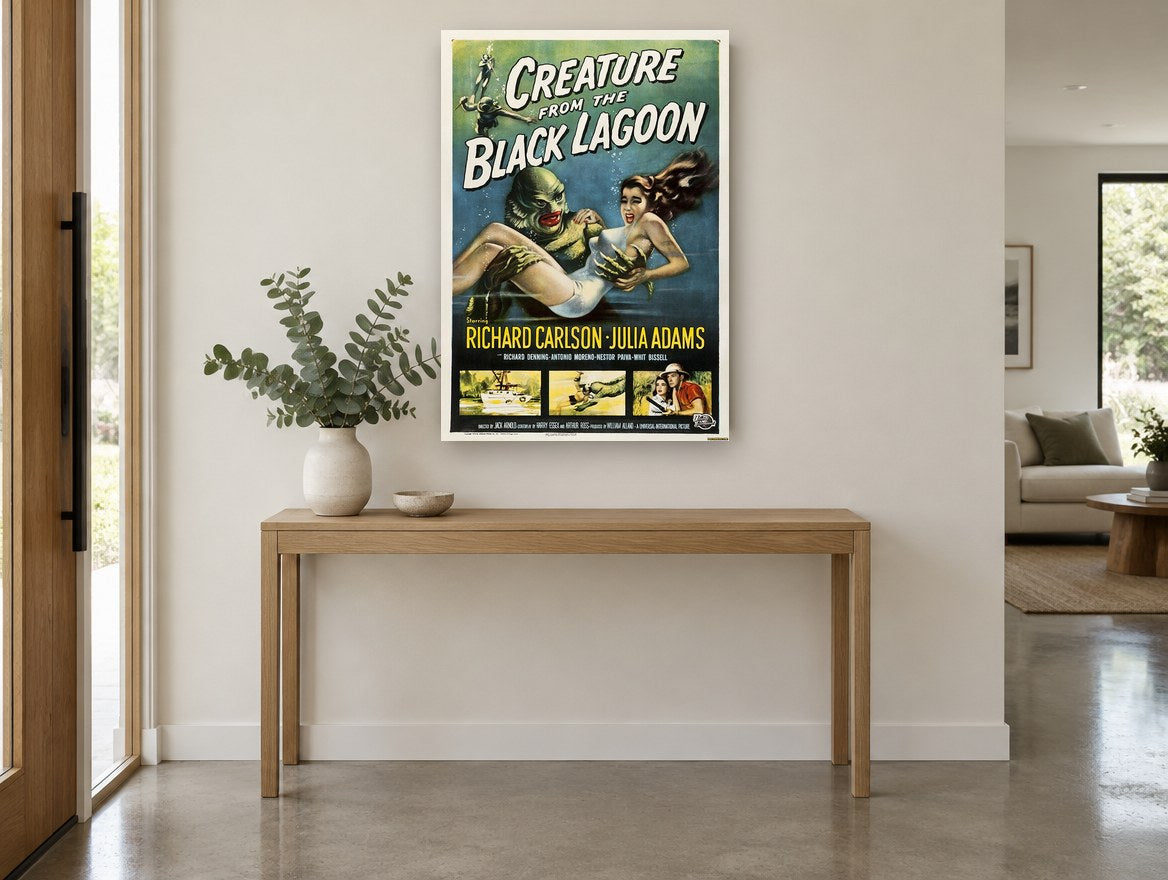 Creature from the Lagoon vintage canvas print on the wall of a entry hall