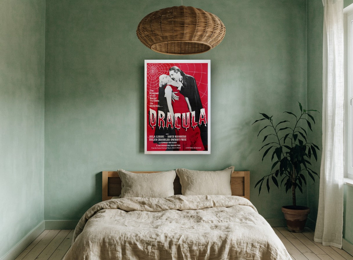 Dracula Red Horror Poster vintage canvas print on the wall of a bedroom
