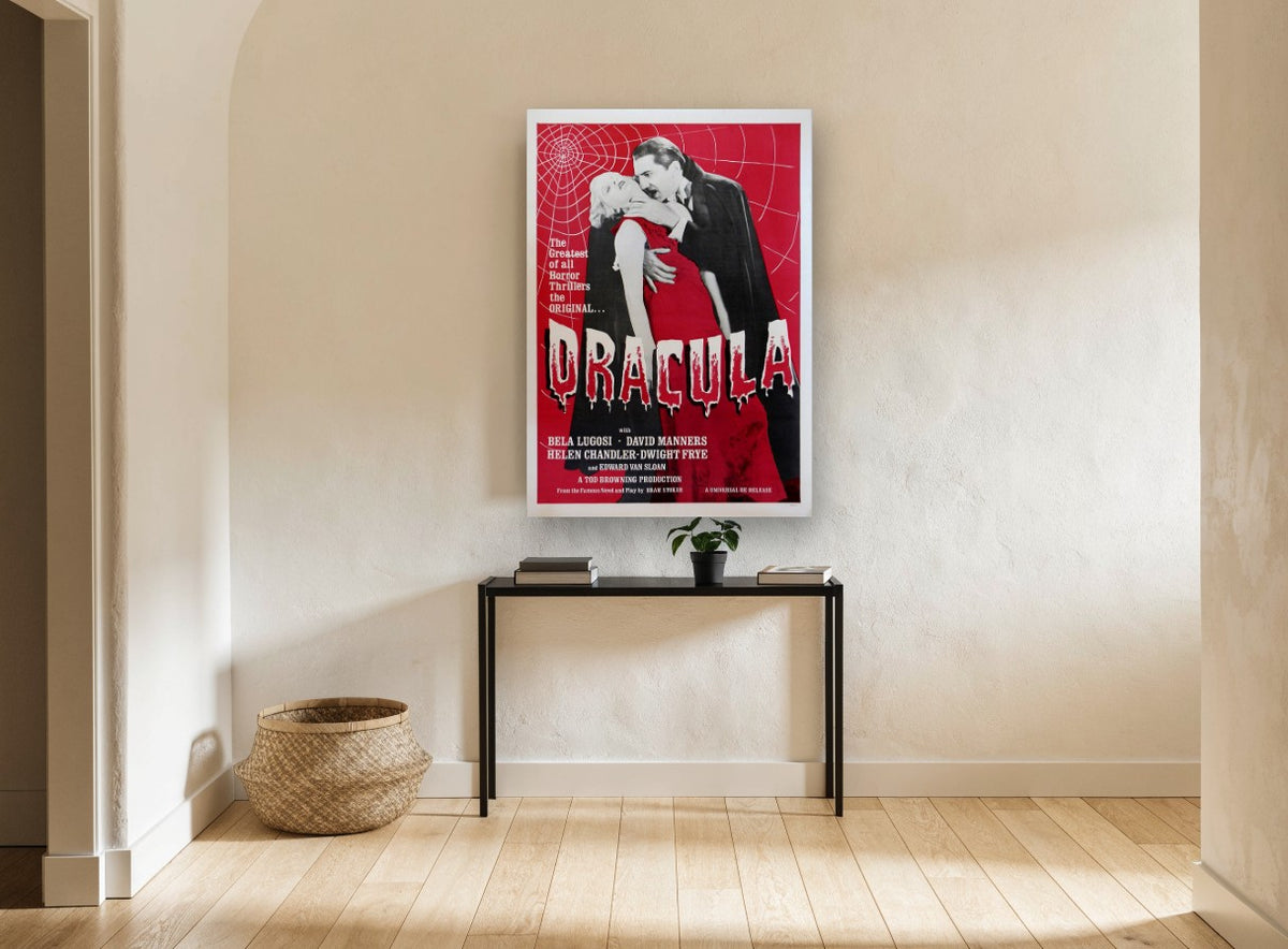 Dracula Red Horror Poster vintage canvas print on the wall of a hallway