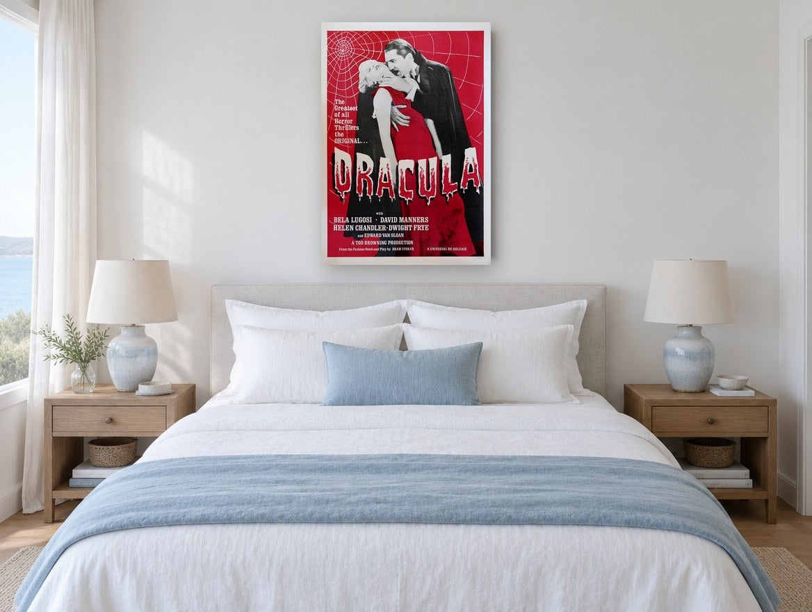 Dracula Red Horror Poster vintage canvas print on the wall of a coastal bedroom