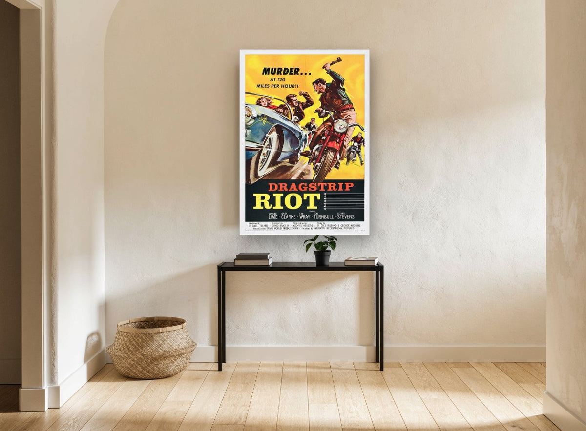 Dragstrip Riot Murder vintage canvas print on the wall of a hallway